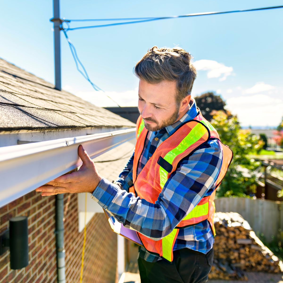 A professional roofing contractor inspects a client's roof for damage. 