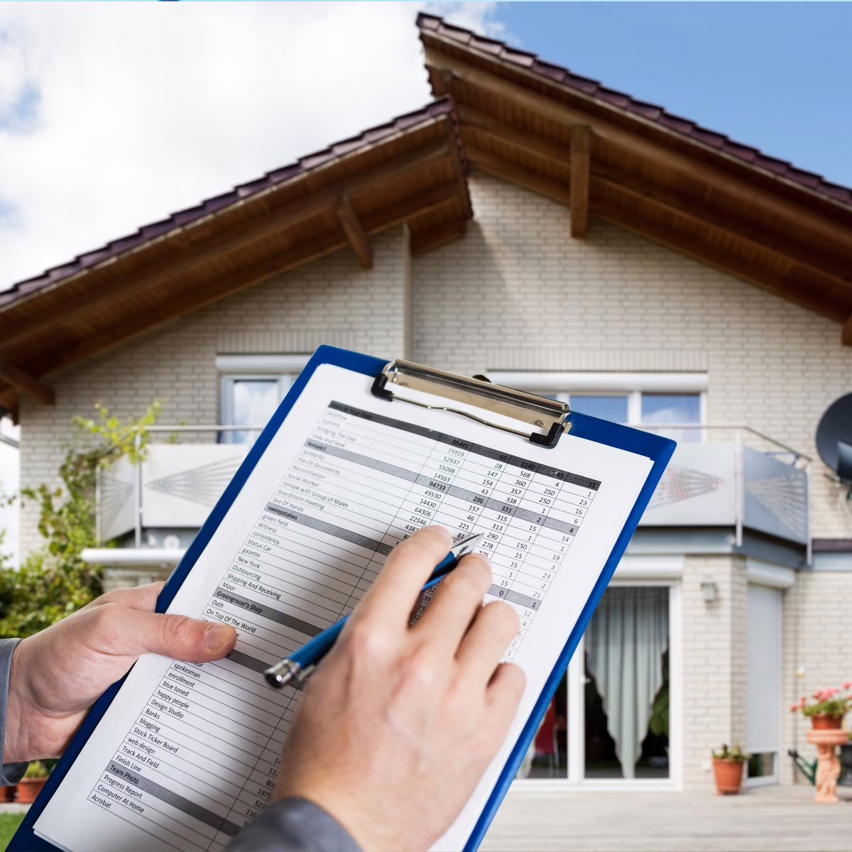 A roofing inspector is checking off items on an inspection list for the client's project final walkthrough. 