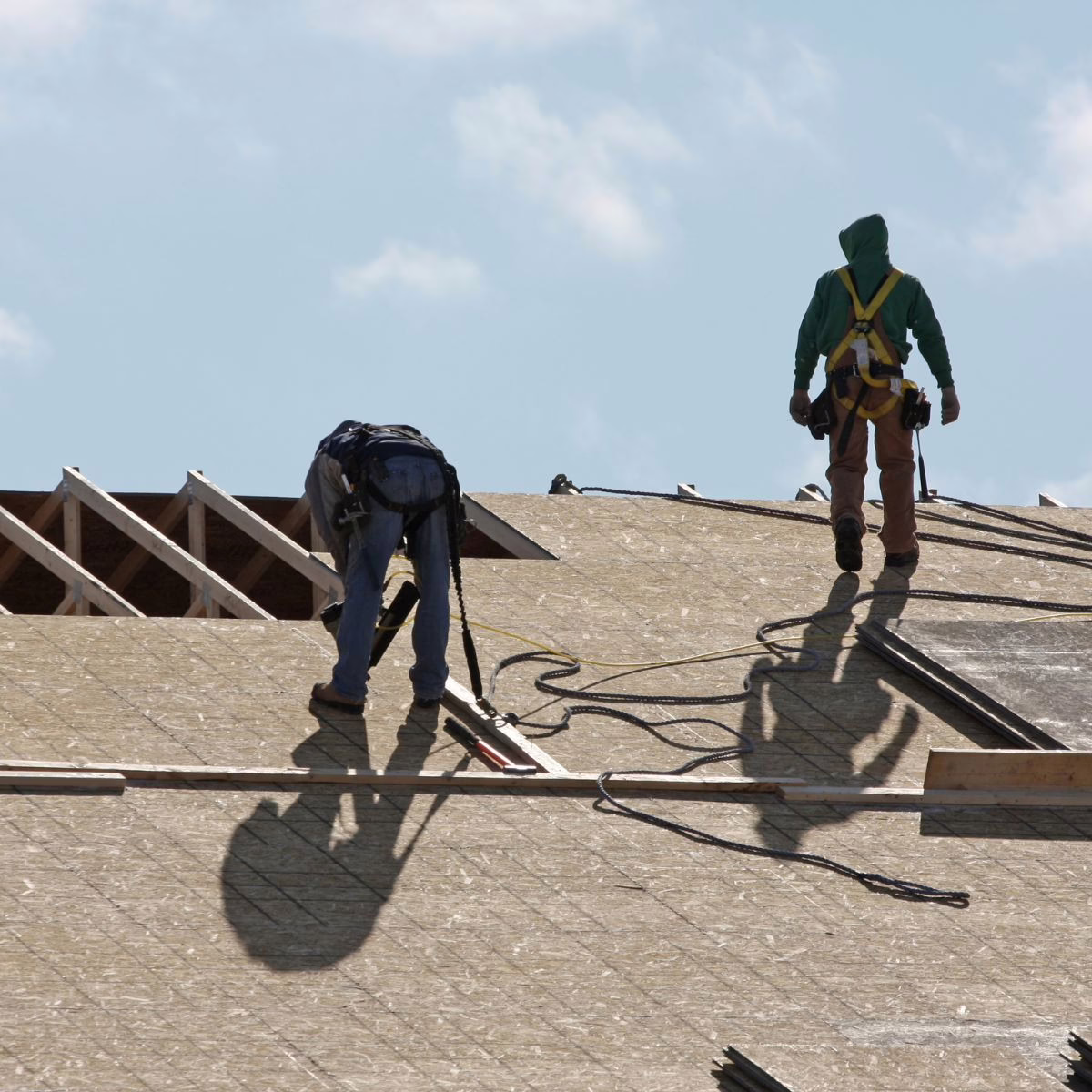 Before a new roof is installed, roofing contractors first apply sheathing. 
