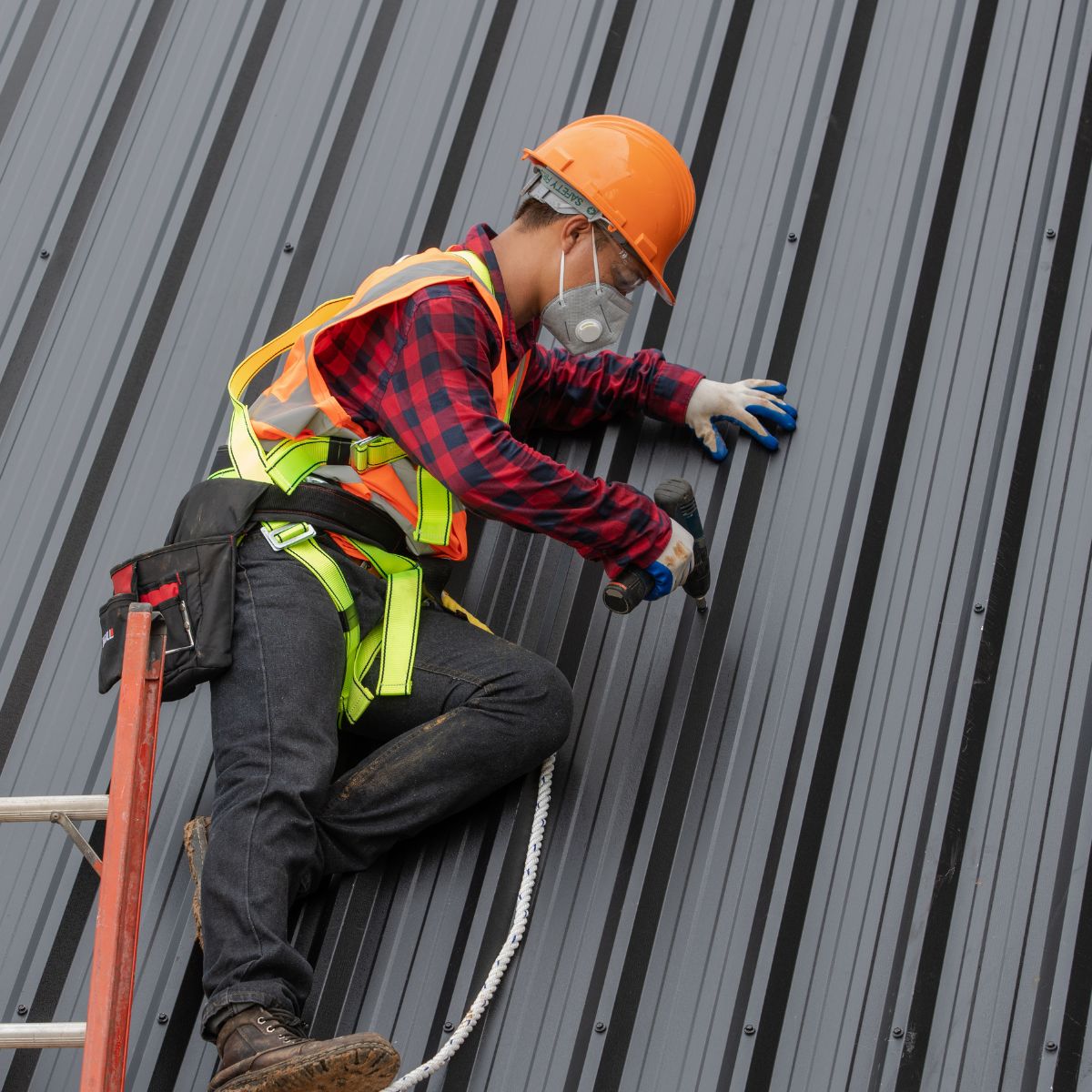 Progress advancing on a metal roof installation. 